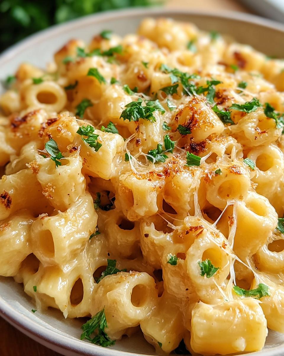 Close-up of a bowl of creamy ditalini pasta, topped with melted cheese and fresh parsley.