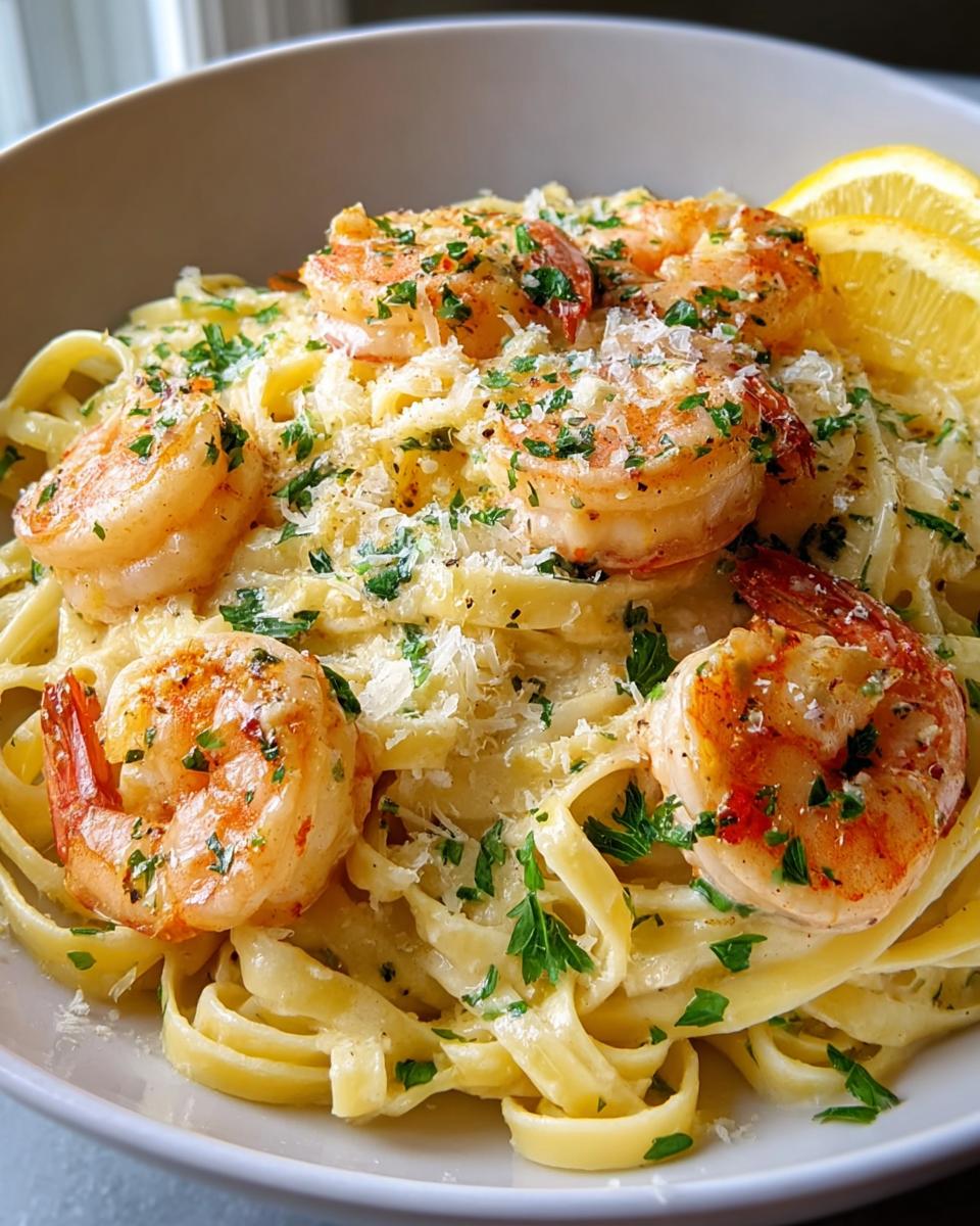 A close-up of Creamy Lemon Garlic Shrimp Pasta topped with fresh parsley and Parmesan cheese, with lemon slices on the side.