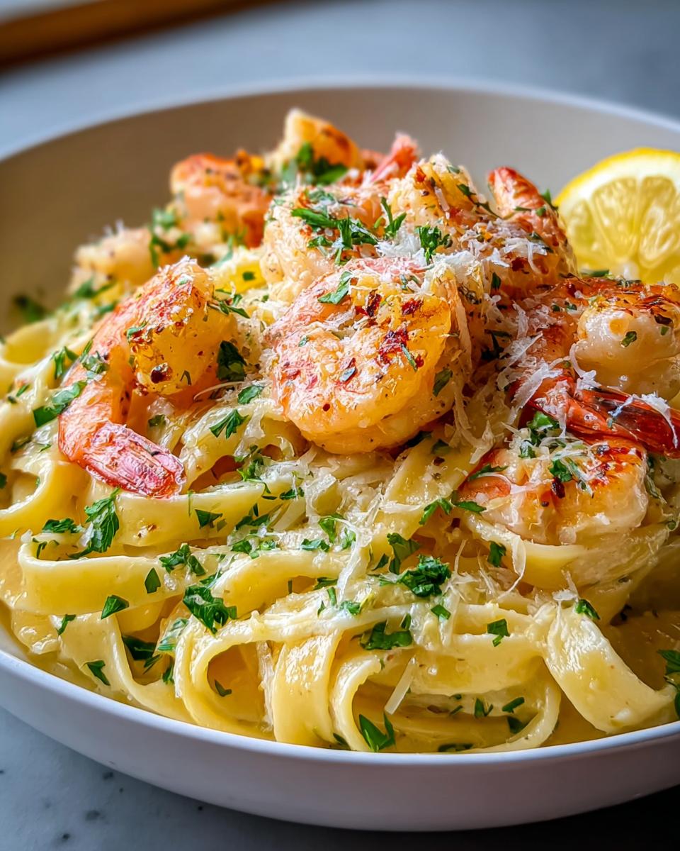 A bowl of Creamy Lemon Garlic Shrimp Pasta topped with fresh parsley and grated cheese, with a lemon slice on the side.