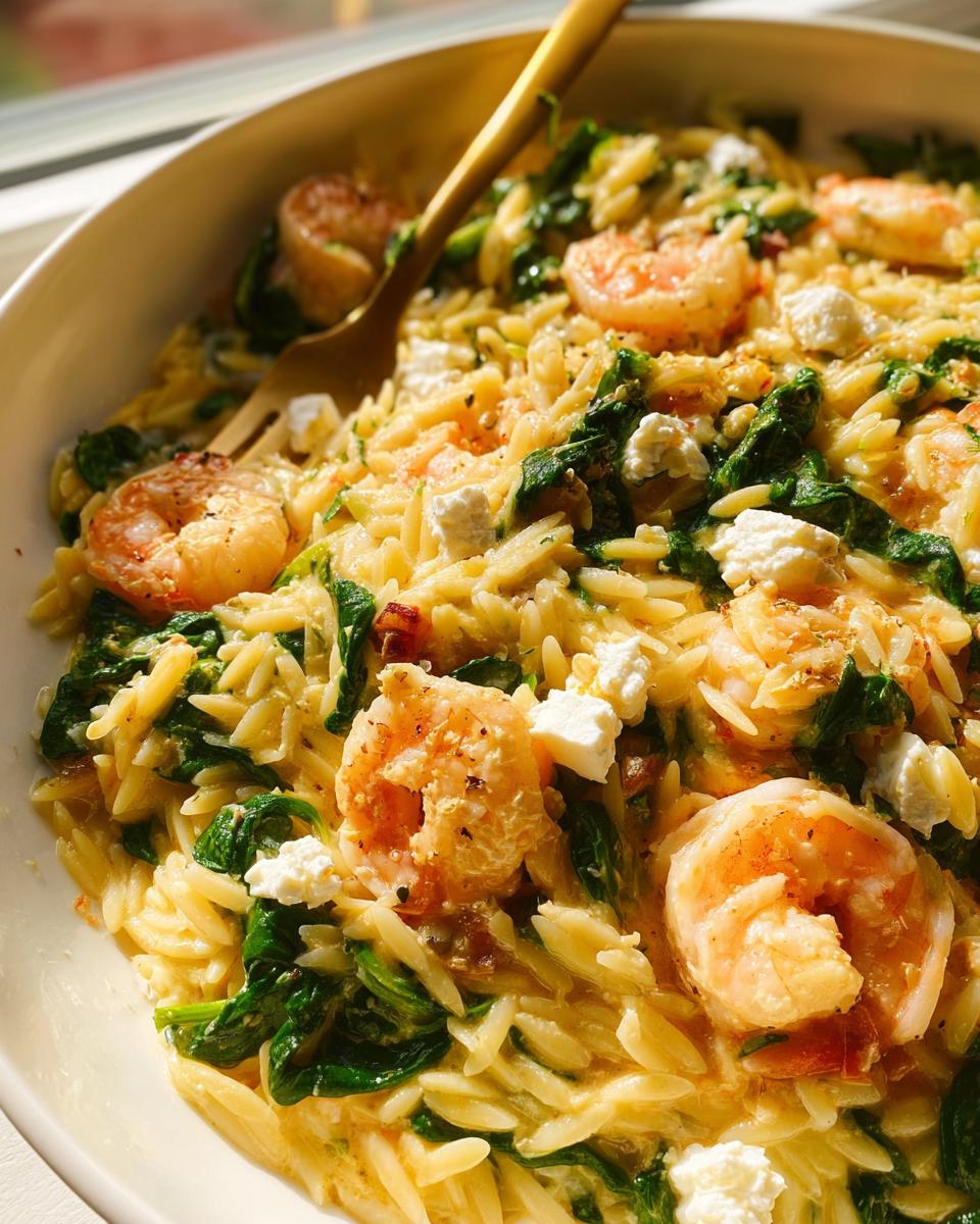 Close-up of a bowl of Creamy Lemon Orzo with Shrimp, Spinach, and Feta, with a golden fork.