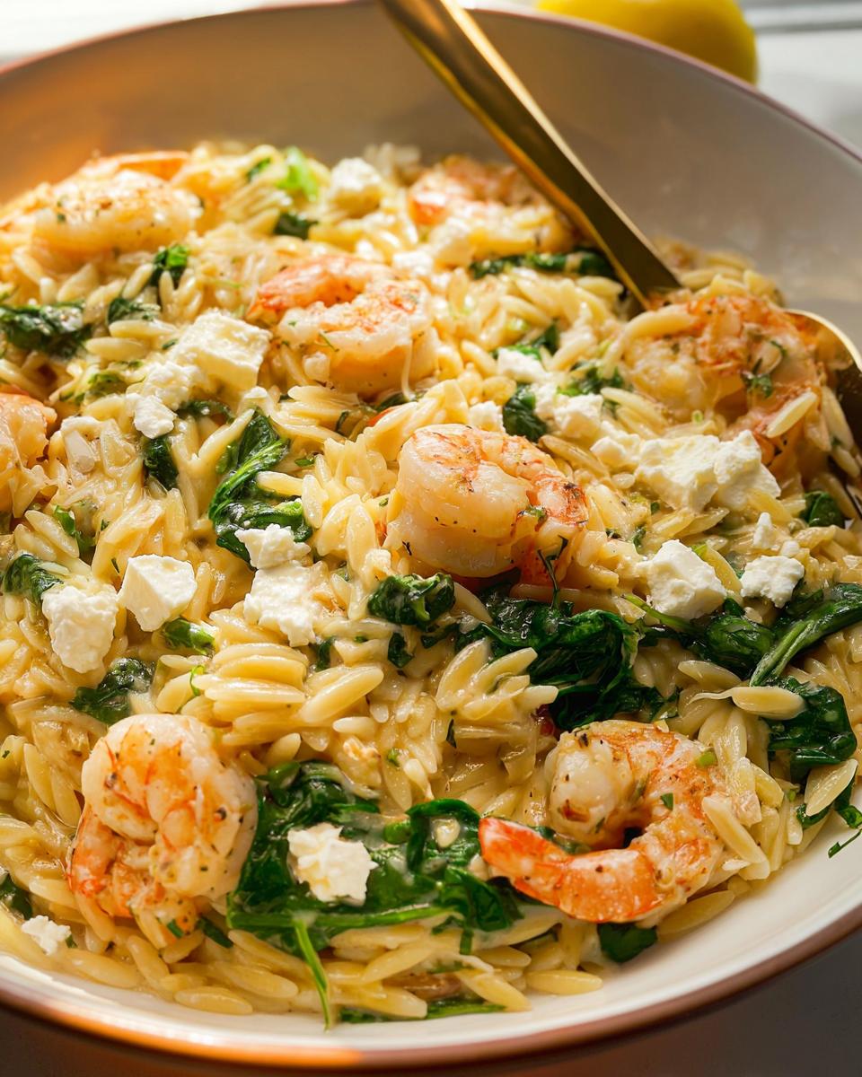 Close-up of Creamy Lemon Orzo with Shrimp, Spinach, and Feta, featuring plump shrimp, wilted spinach, and crumbled feta cheese.