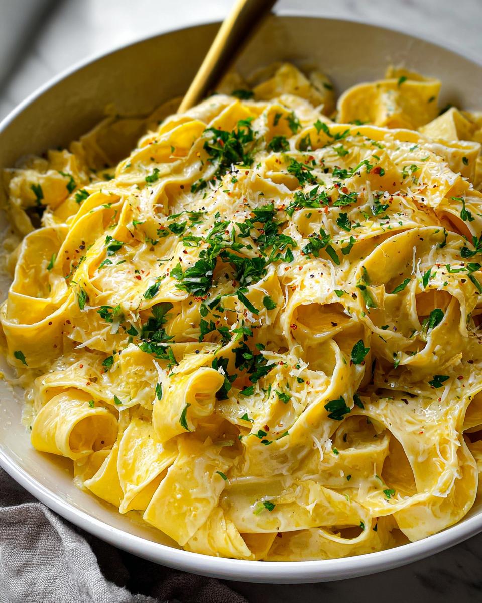 Close-up of a bowl of creamy lemon pasta, garnished with fresh parsley and grated cheese.