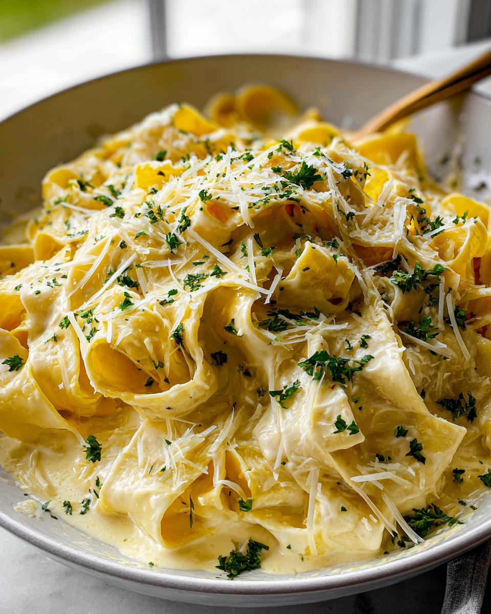 Close-up of a bowl of Creamy Lemon Pasta Recipe, generously topped with grated Parmesan cheese and fresh parsley.
