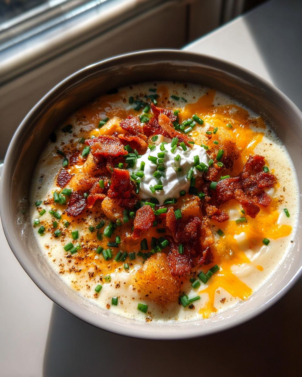 A close-up of a bowl of Creamy Loaded Baked Potato Soup topped with cheddar cheese, bacon bits, sour cream, and chives.