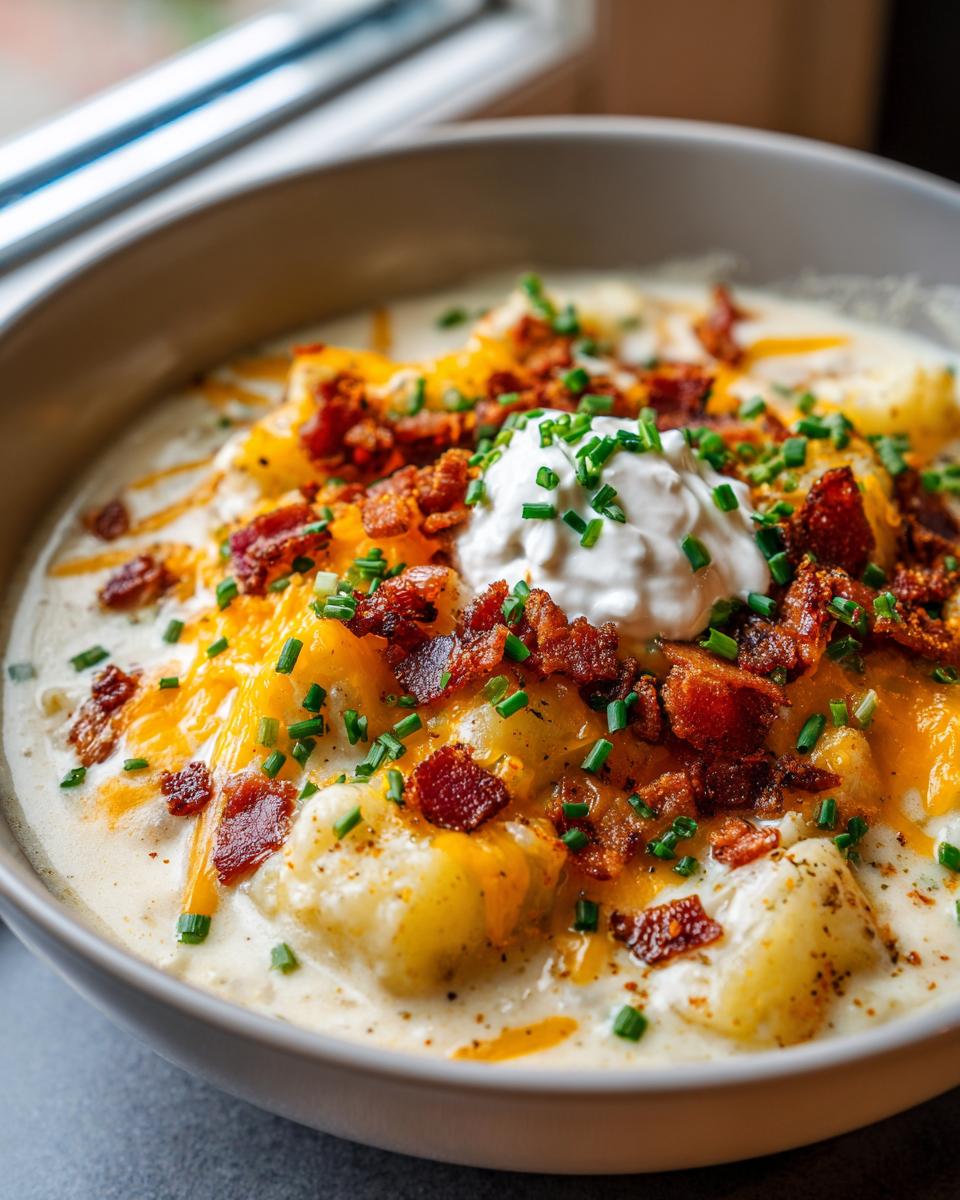 A close-up of a bowl of Creamy Loaded Baked Potato Soup, topped with cheddar cheese, bacon bits, sour cream, and chives.