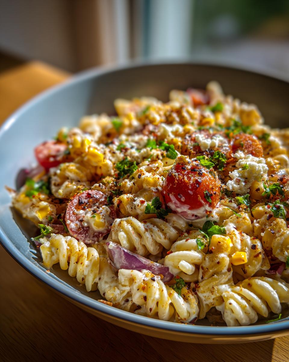 A close-up of Creamy Mexican Street Corn Pasta Salad in a bowl, featuring fusilli pasta, corn, tomatoes, red onion, and crumbled cheese.