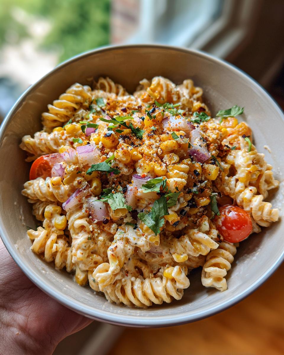 A close-up of a bowl of Creamy Mexican Street Corn Pasta Salad, featuring fusilli pasta, corn, cherry tomatoes, red onion, and cilantro.