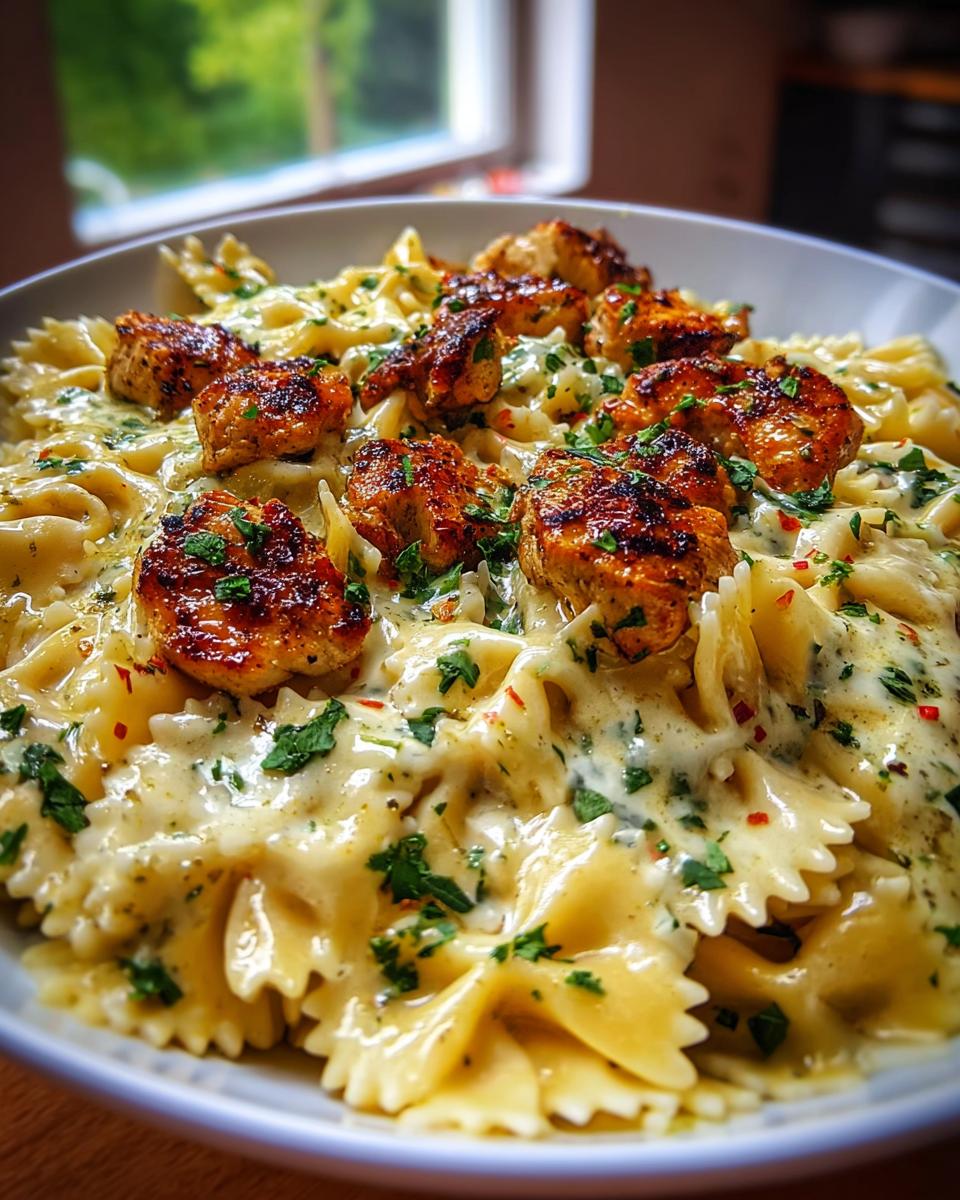 A close-up of Creamy Mozzarella Garlic Butter Chicken Bowties Pasta topped with pan-seared chicken pieces and fresh parsley.