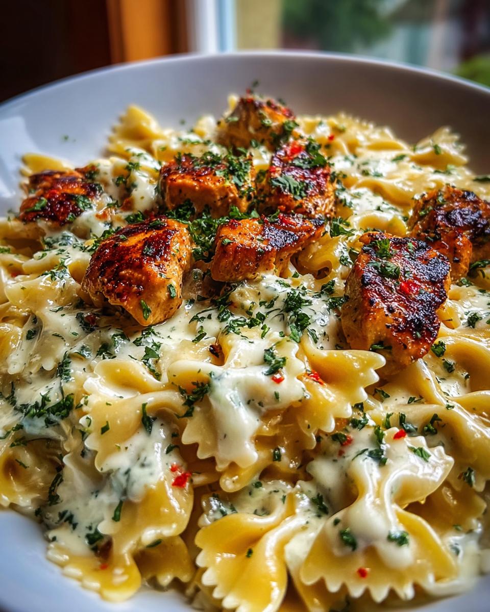 A close-up of Creamy Mozzarella Garlic Butter Chicken Bowties Pasta, featuring bow tie pasta coated in a rich sauce with tender chicken pieces and fresh parsley.