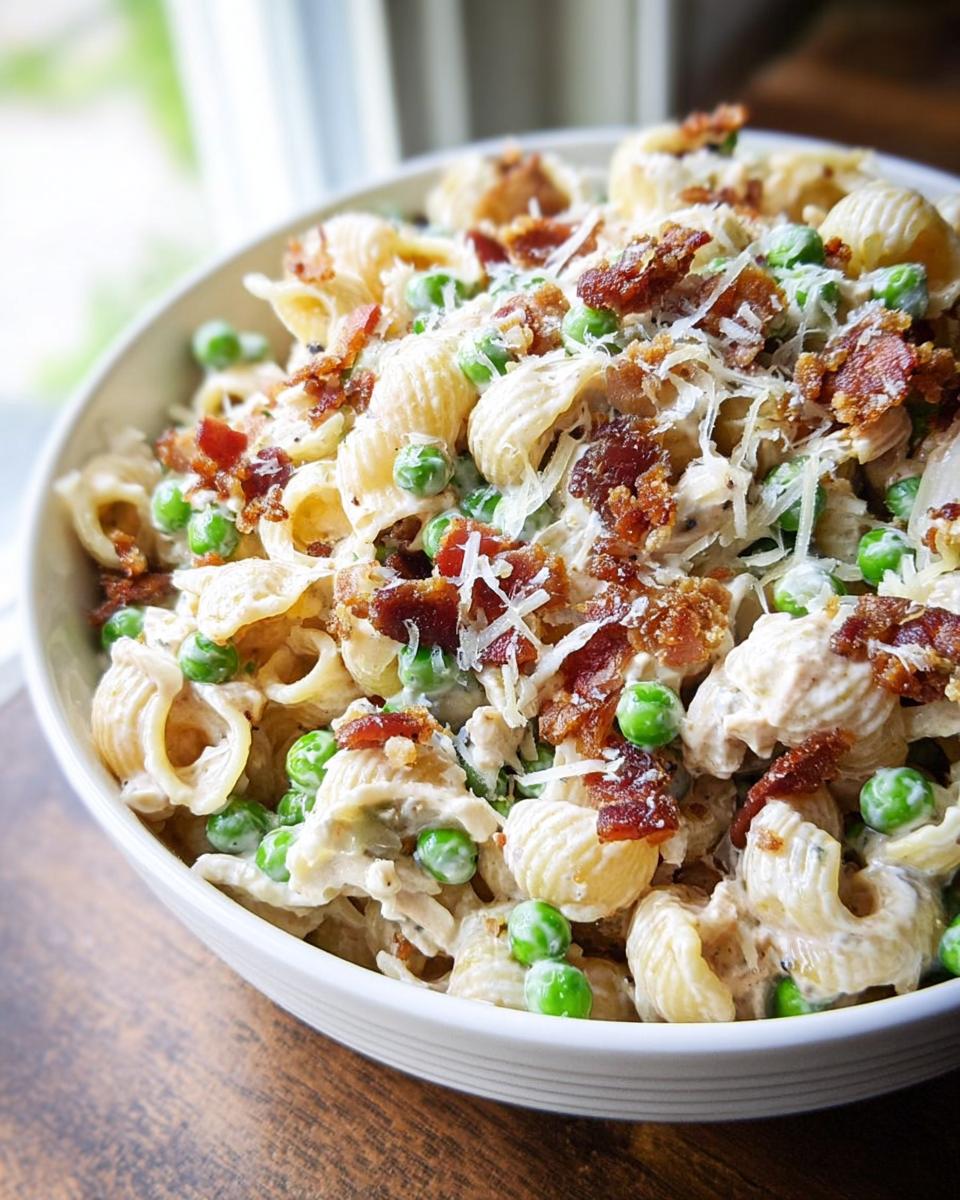 A close-up of a bowl filled with creamy pasta salad, featuring pasta shells, peas, crispy bacon bits, and grated cheese.