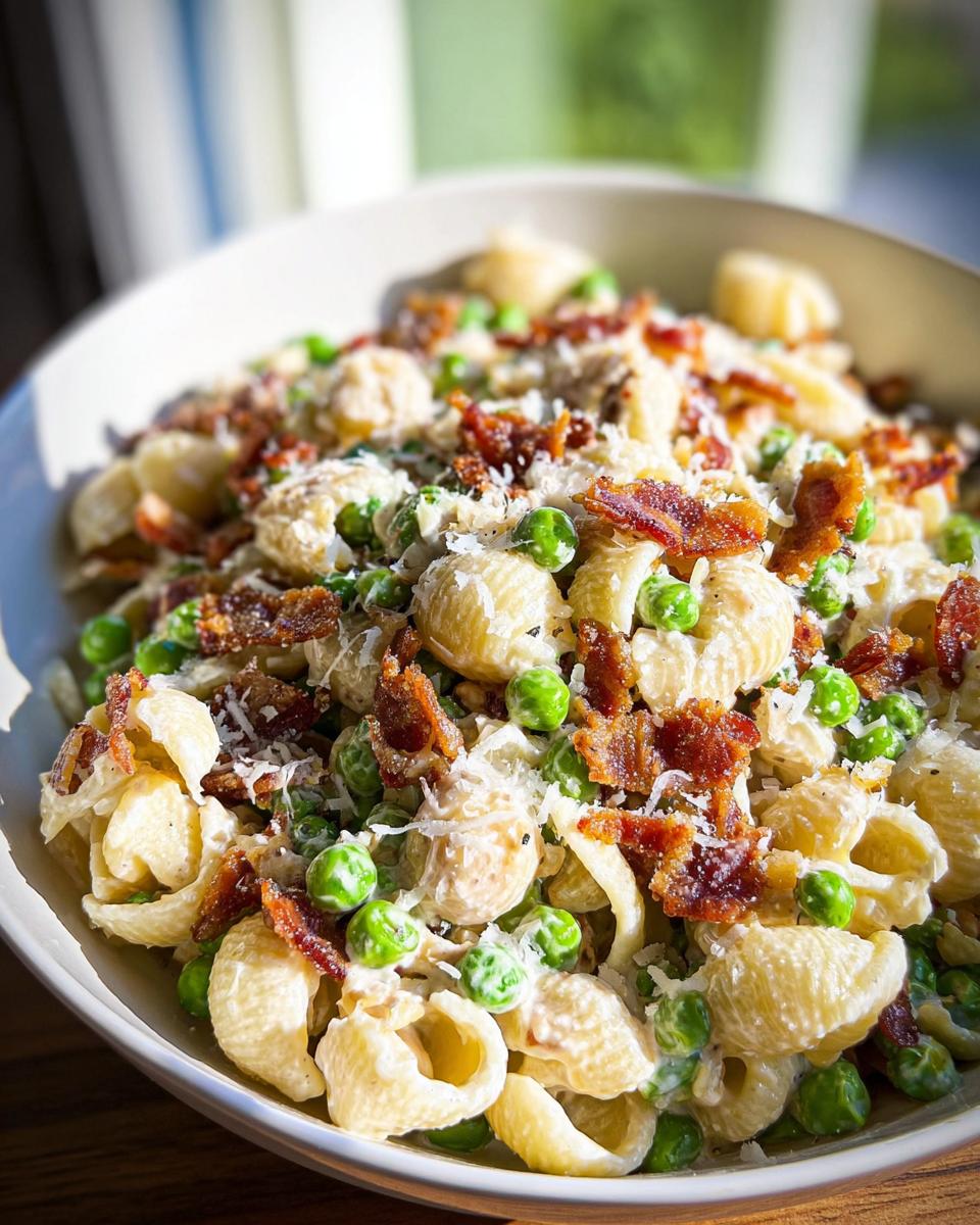 A close-up of a bowl of Creamy Pasta Salad with shell pasta, peas, crispy bacon, and grated cheese.