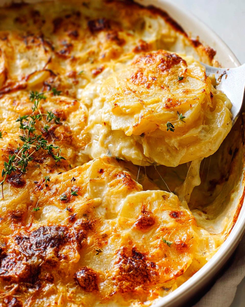 A serving spoon lifts a generous portion of creamy scalloped potatoes from a baking dish, showing melted cheese and golden-brown potato slices.