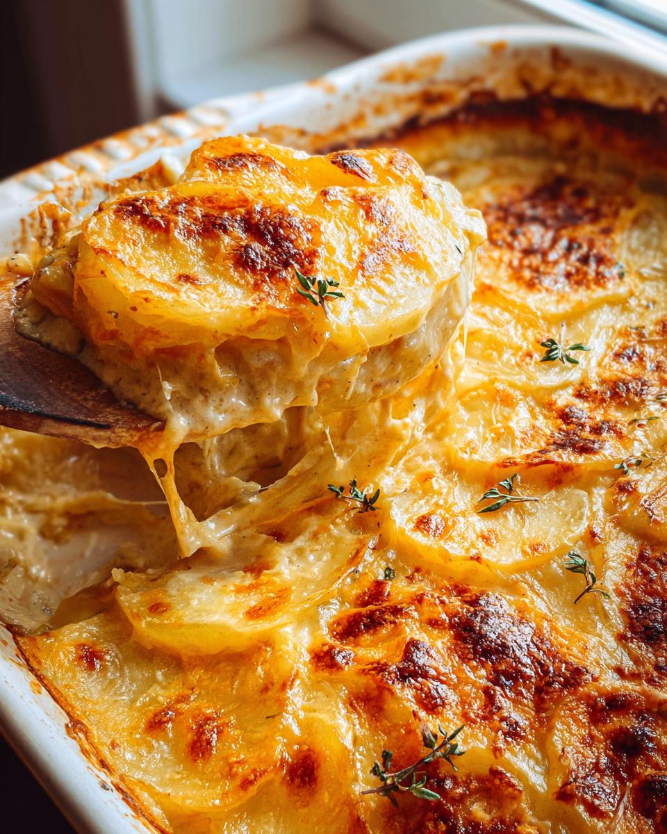 A close-up of a serving spoon lifting a portion of creamy scalloped potatoes from a baking dish, showing melted cheese and golden-brown potato slices.