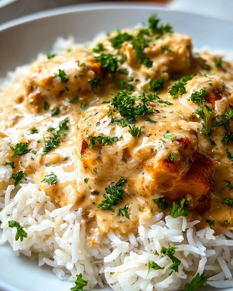 Close-up of Creamy Smothered Chicken and Rice, with tender chicken pieces in a rich sauce served over fluffy white rice, garnished with fresh parsley.