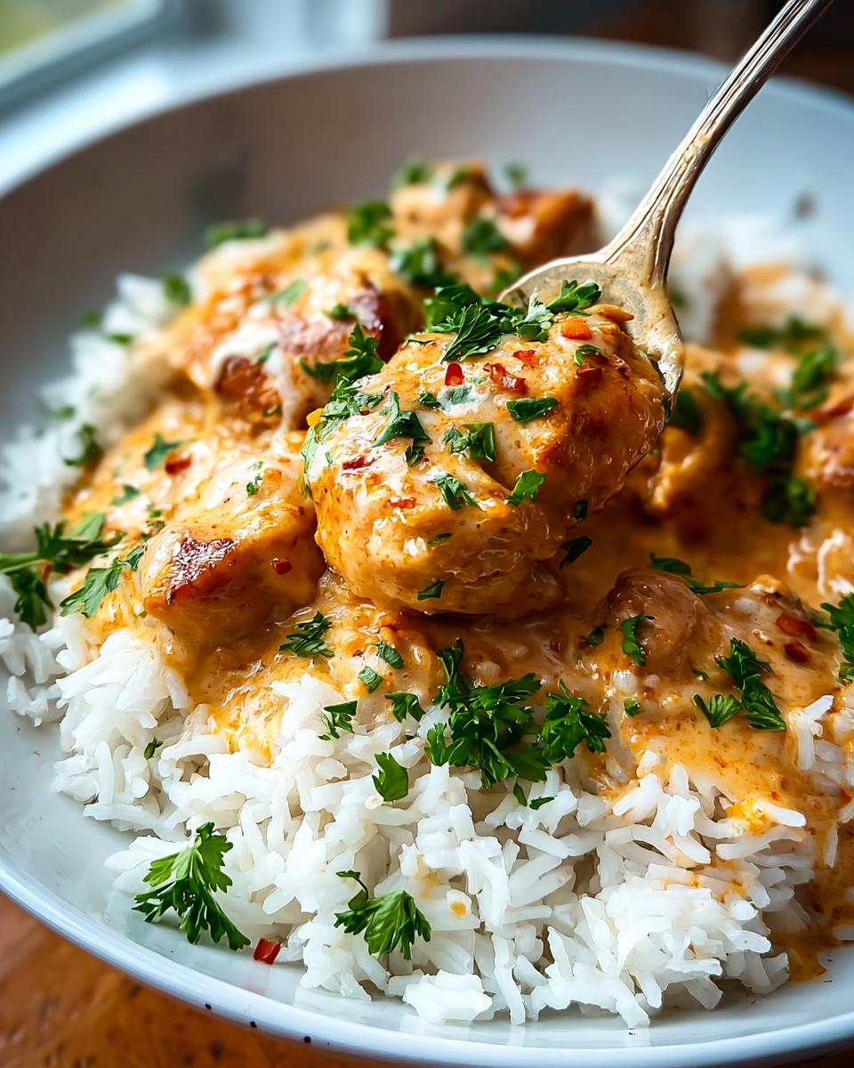 A spoonful of creamy smothered chicken and rice, garnished with parsley and chili flakes.