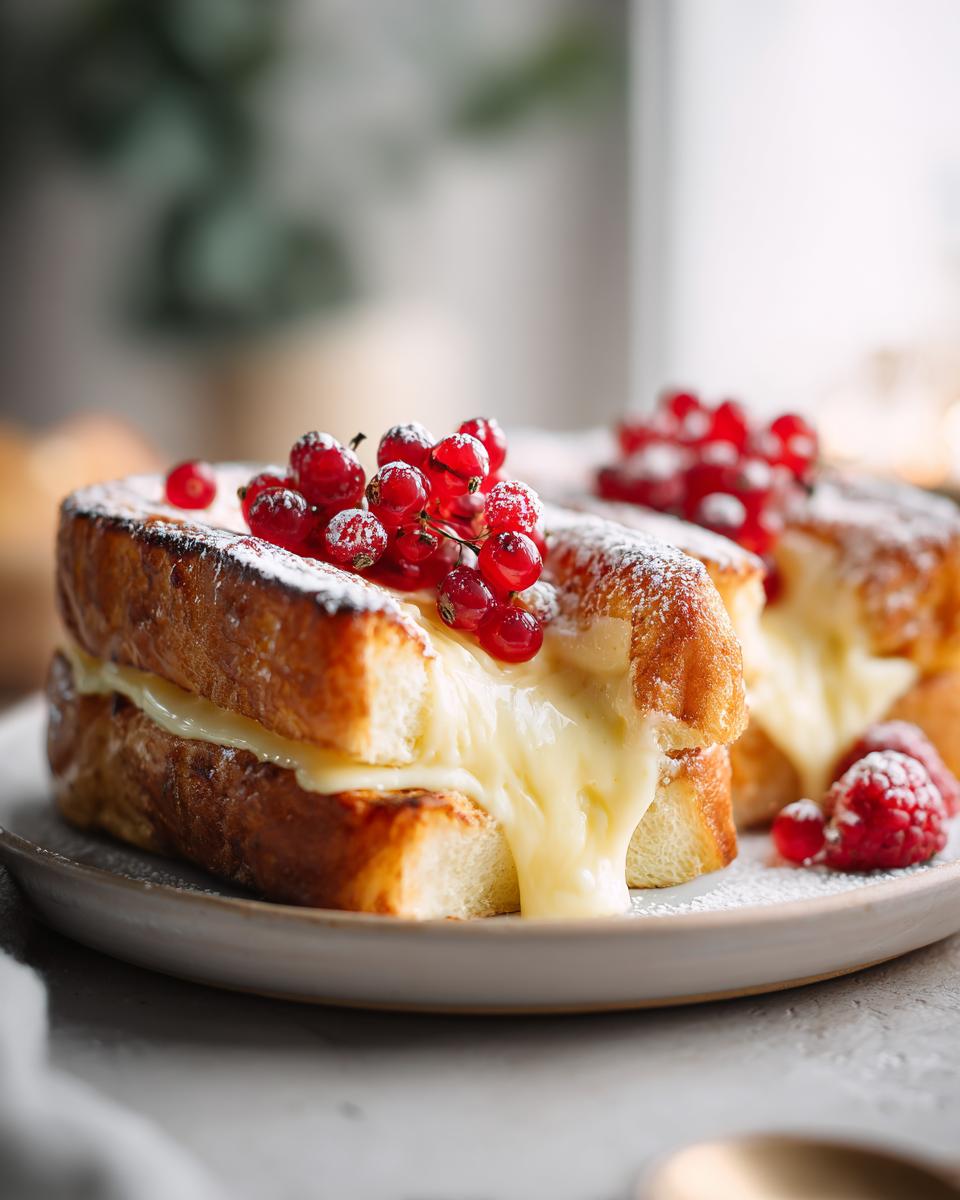 Close-up of Creamy Vanilla Bean Custard Toast filled with rich custard and topped with red currants and powdered sugar.