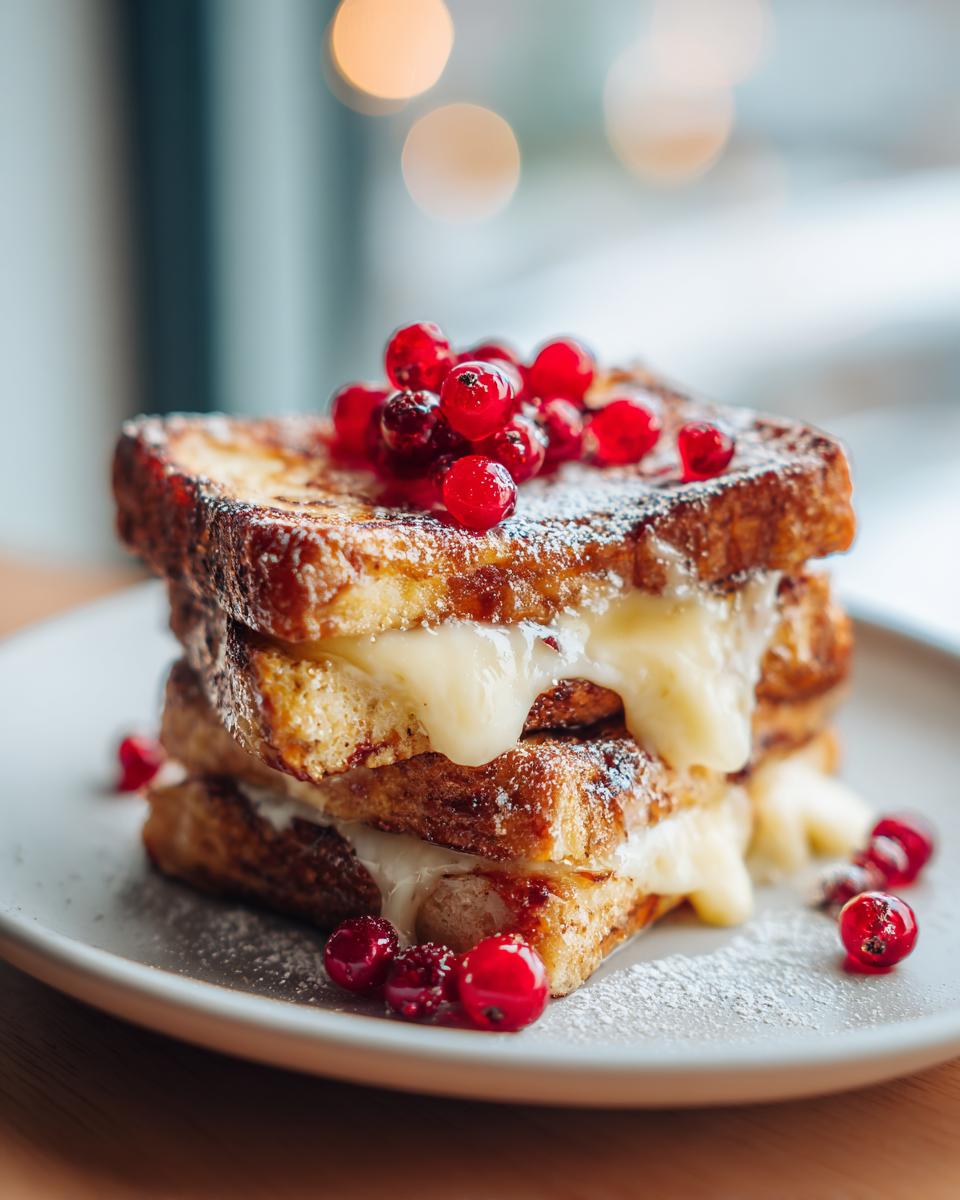A stack of three slices of Creamy Vanilla Bean Custard Toast, topped with fresh red currants and dusted with powdered sugar.