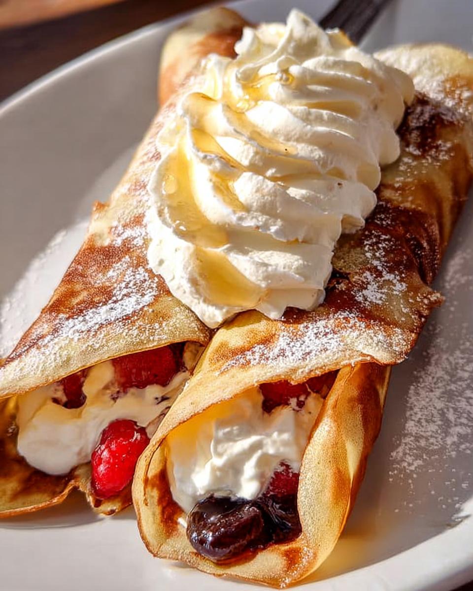Two sweet Italian crespelle pancakes filled with cream, berries, and drizzled with syrup, dusted with icing sugar.