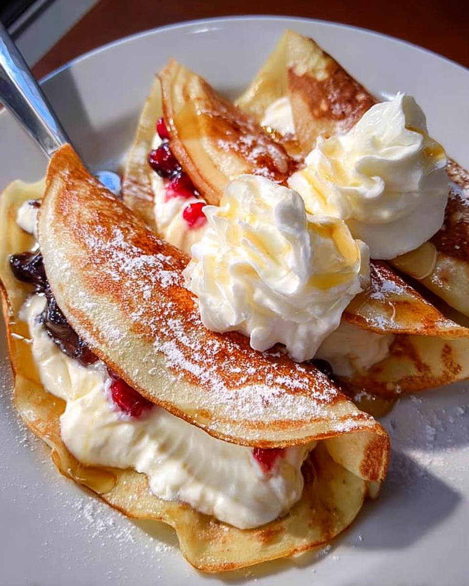 Close-up of sweet Italian Crespelle pancakes filled with cream, berries, and drizzled with honey and icing sugar.
