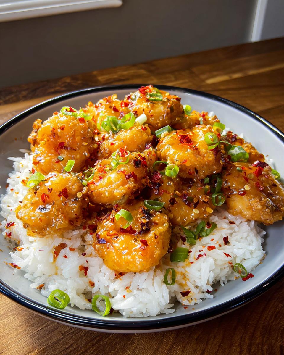 A bowl of fluffy white rice topped with golden, crispy bang bang shrimp coated in a glossy sauce and garnished with green onions and chili flakes.