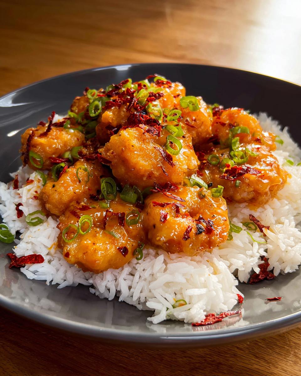 A close-up of a bowl of white rice topped with crispy bang bang shrimp, garnished with green onions and chili flakes.