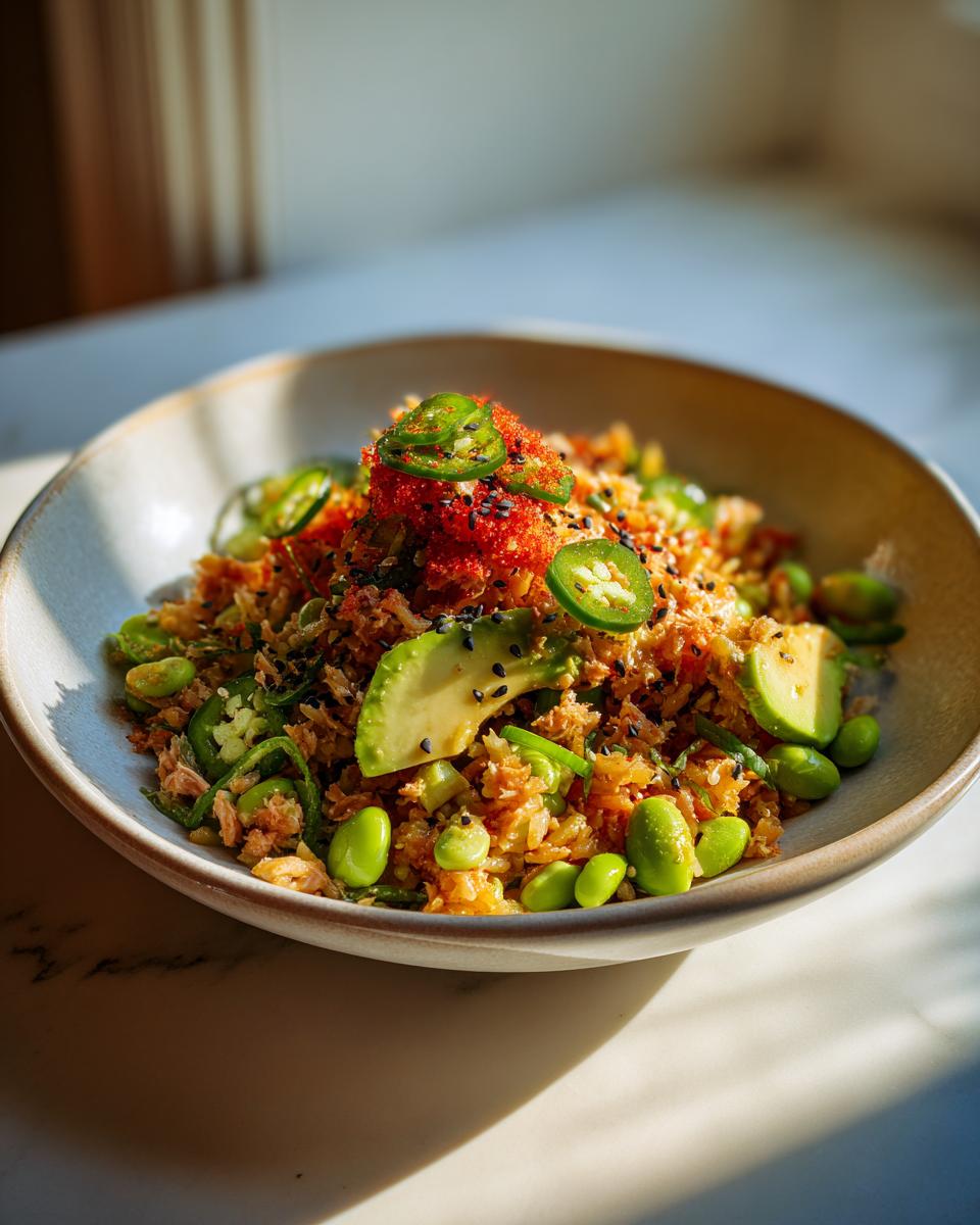 A vibrant bowl of Crispy Rice Tuna Avocado Salad topped with sliced jalapeños, avocado, edamame, and roe.