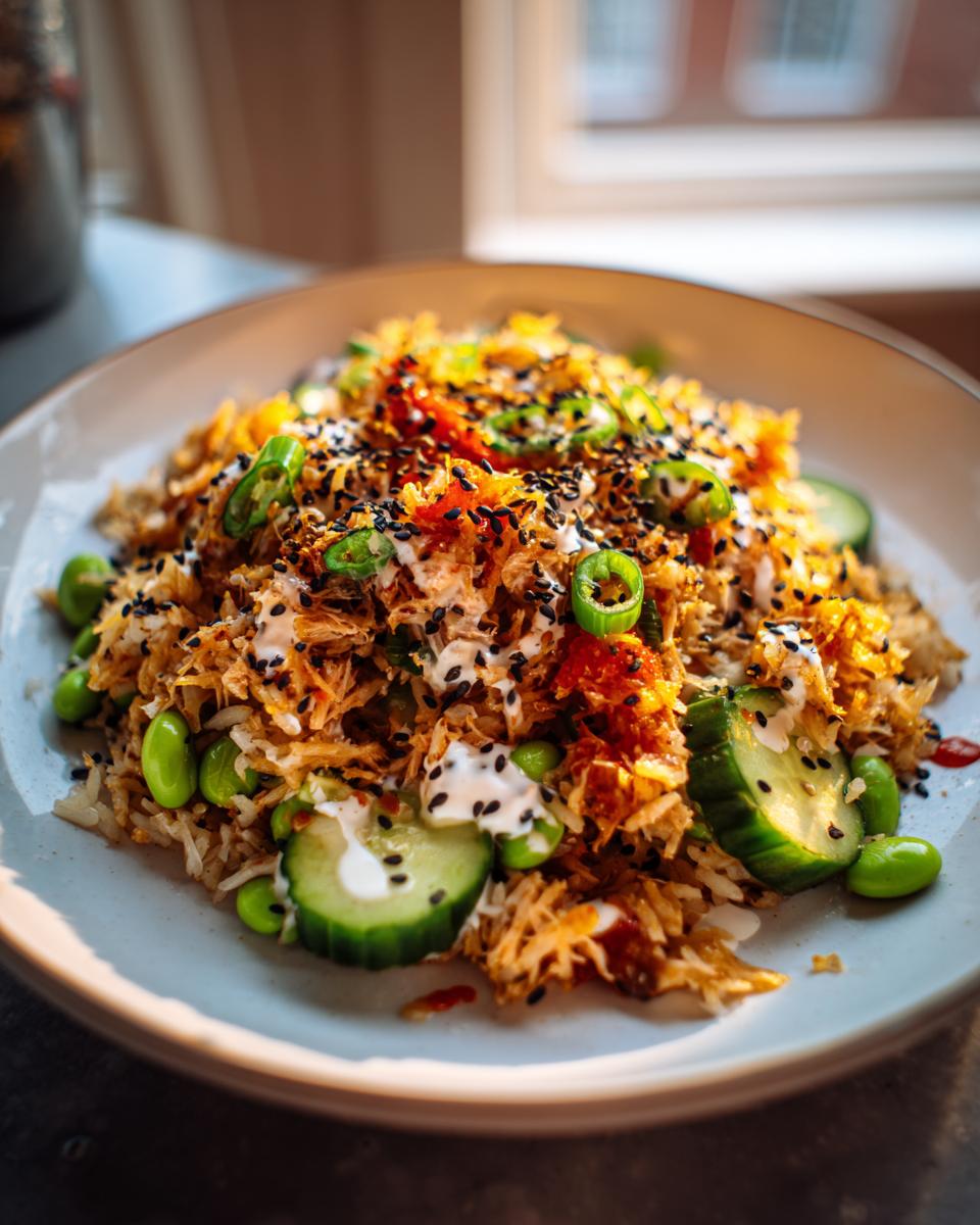Close-up of a bowl of Crispy Rice Tuna Avocado Salad with cucumber slices, edamame, and a drizzle of sauce.