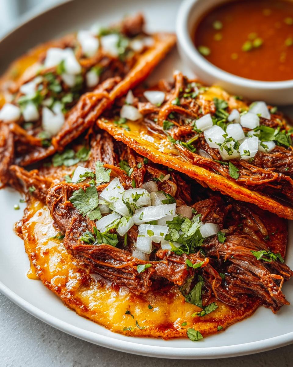 Close-up of delicious Crock Pot Beef Birria Tacos, topped with diced onions and cilantro, served with consommé.