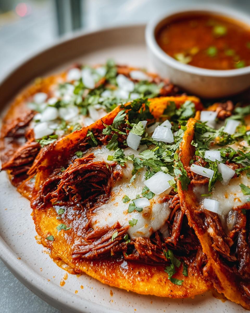Close-up of delicious Crock Pot Beef Birria Tacos topped with melted cheese, onions, and cilantro, served with a side of consommé.