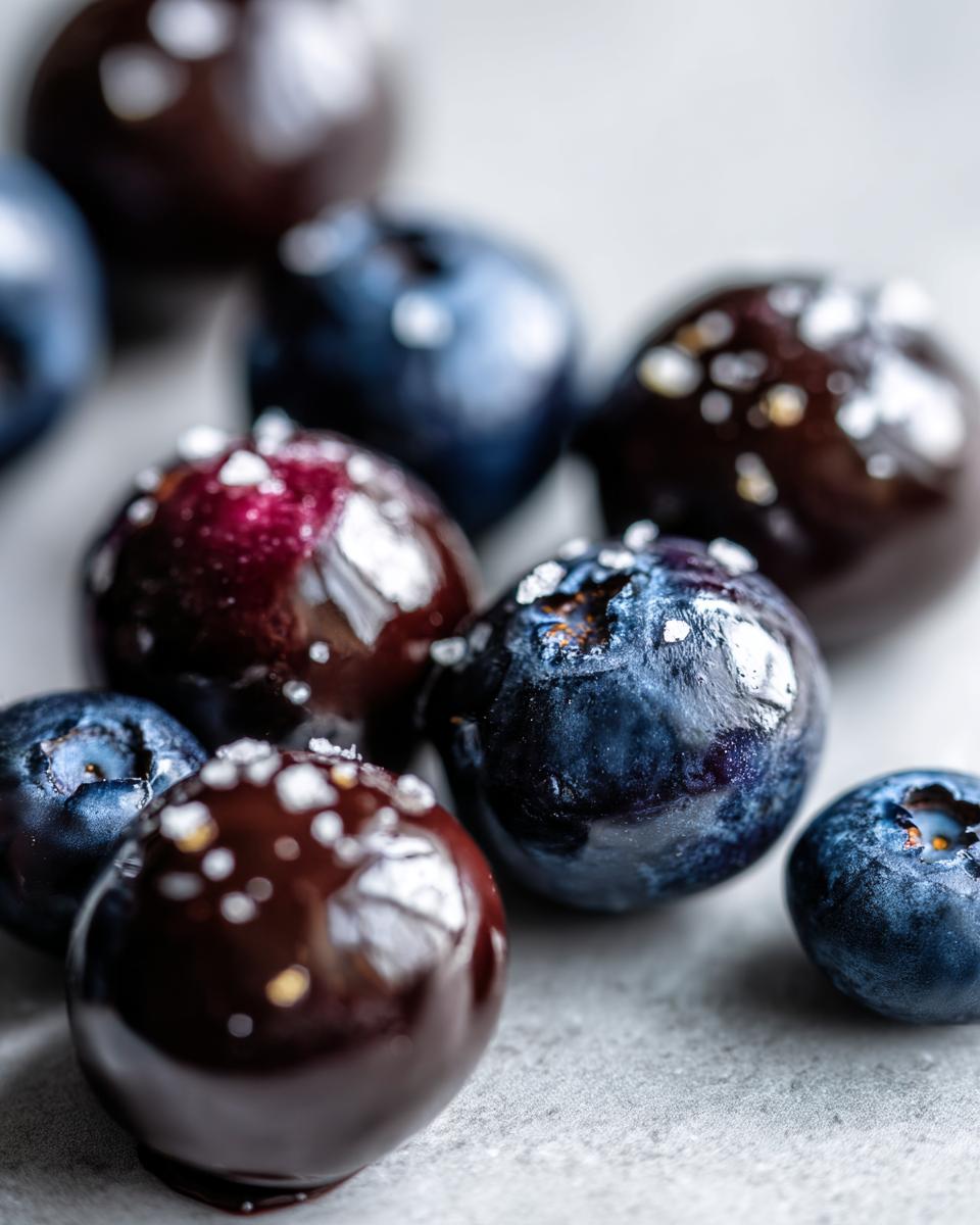 Close-up of dark chocolate blueberry bites sprinkled with sea salt, alongside fresh blueberries.