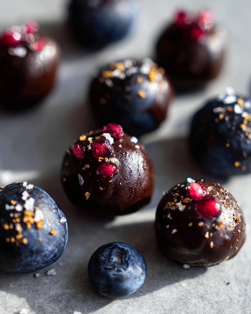 Close-up of dark chocolate blueberry bites topped with salt and fruit pieces, with fresh blueberries scattered around.