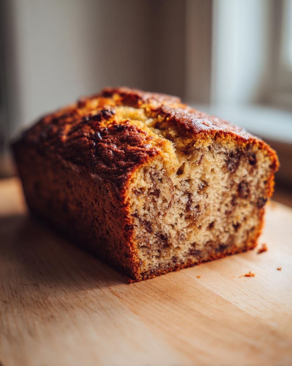 A close-up view of a freshly baked Date and Banana Cake, inspired by Mary Berry, on a wooden board.