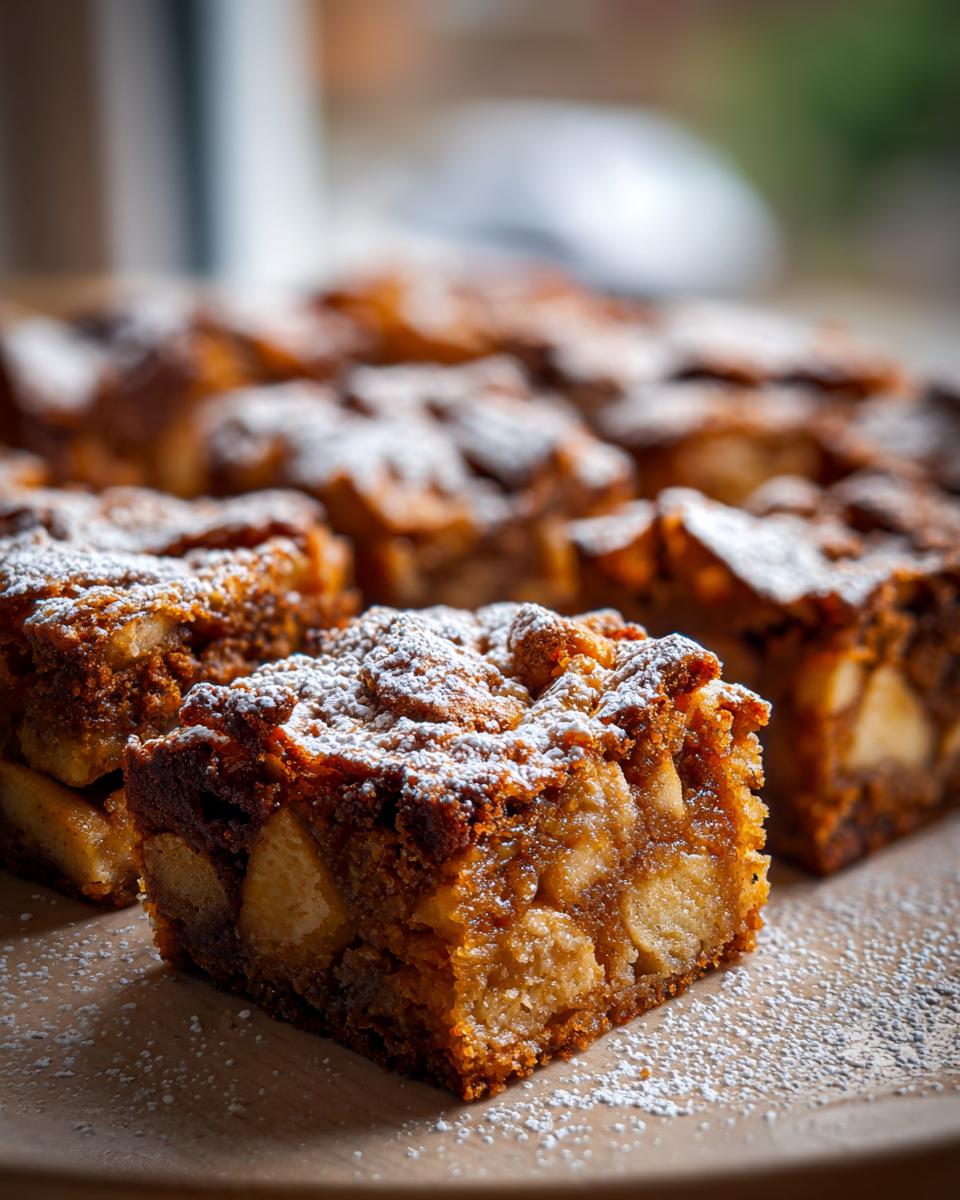 A close-up of a slice of Dorset Apple Traybake, dusted with icing sugar, showing chunks of apple within the cake.