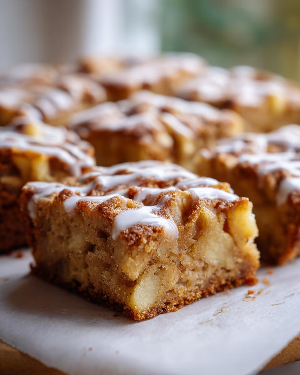 Close-up of a slice of Dorset Apple Traybake, showing chunks of apple and a drizzle of white icing.
