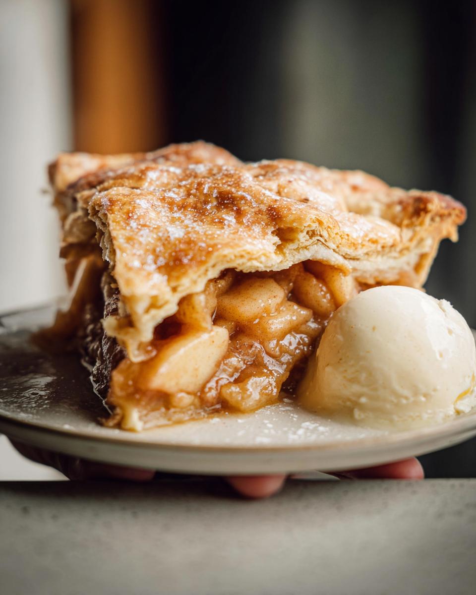 A generous slice of easy apple pie inspired by Mary Berry, served with a scoop of vanilla ice cream.