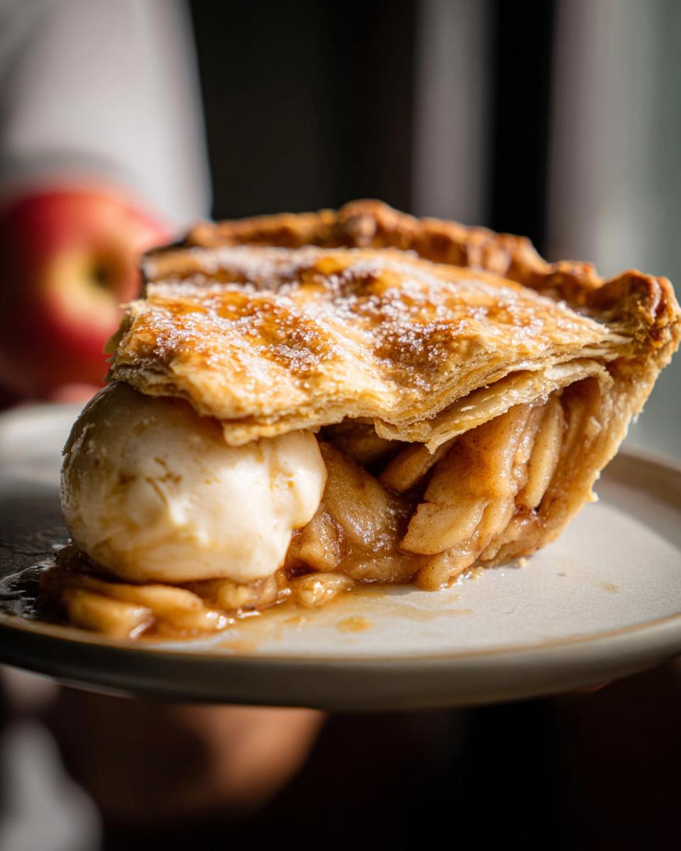 Close-up of a generous slice of easy apple pie, inspired by Mary Berry, served with melting vanilla ice cream.