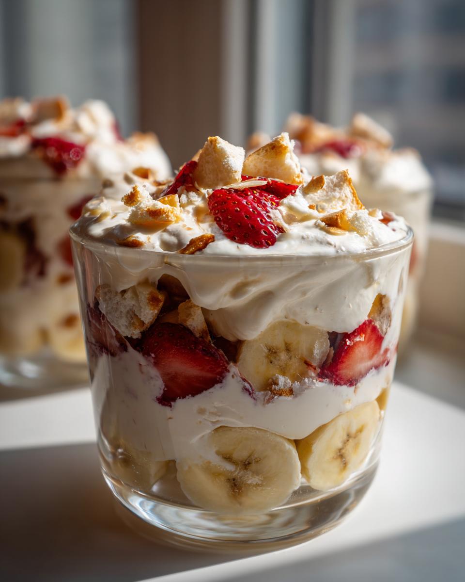 Close-up of a layered easy banana Eton mess dessert in a glass, featuring cream, strawberries, banana slices, and meringue pieces.