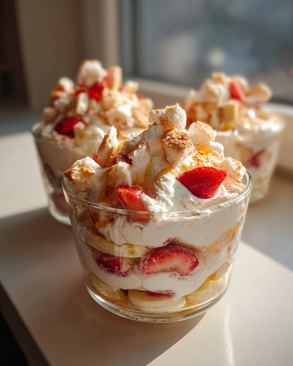 Three glasses filled with easy banana Eton Mess, layered with cream, strawberries, banana slices, and meringue pieces.