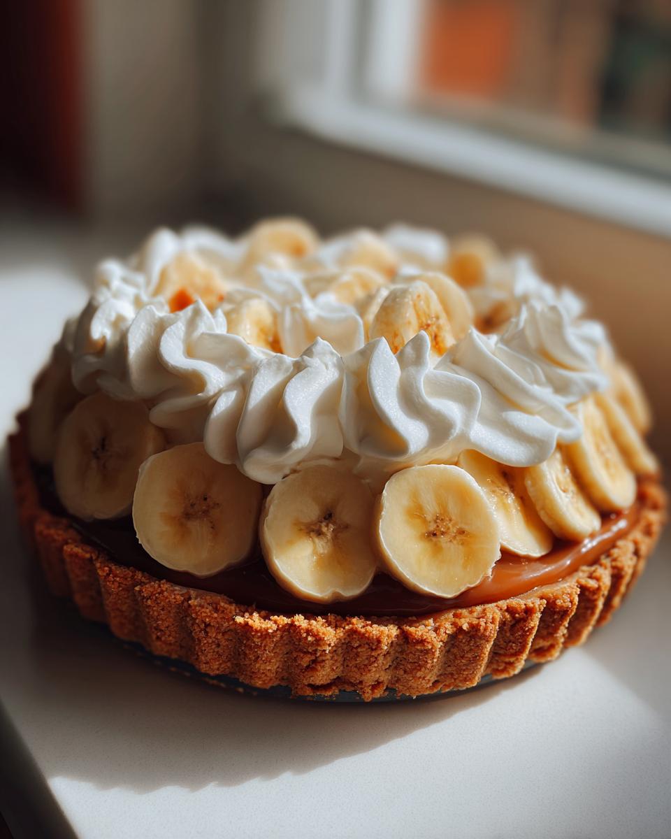 A close-up of an easy banoffee pie, featuring a biscuit base, caramel, sliced bananas, and whipped cream.