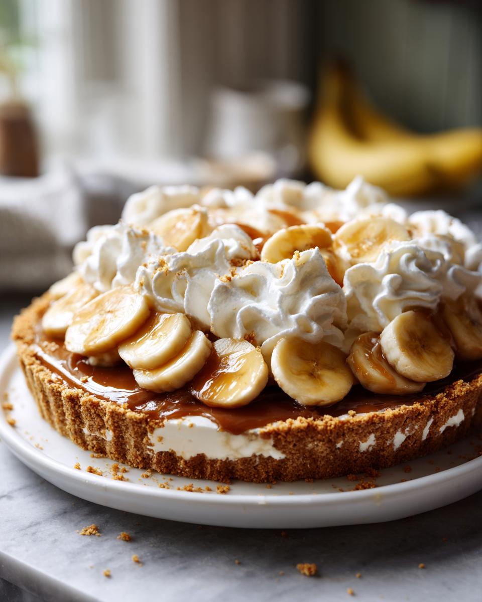 A close-up of an easy banoffee pie, generously topped with whipped cream, sliced bananas, and caramel.