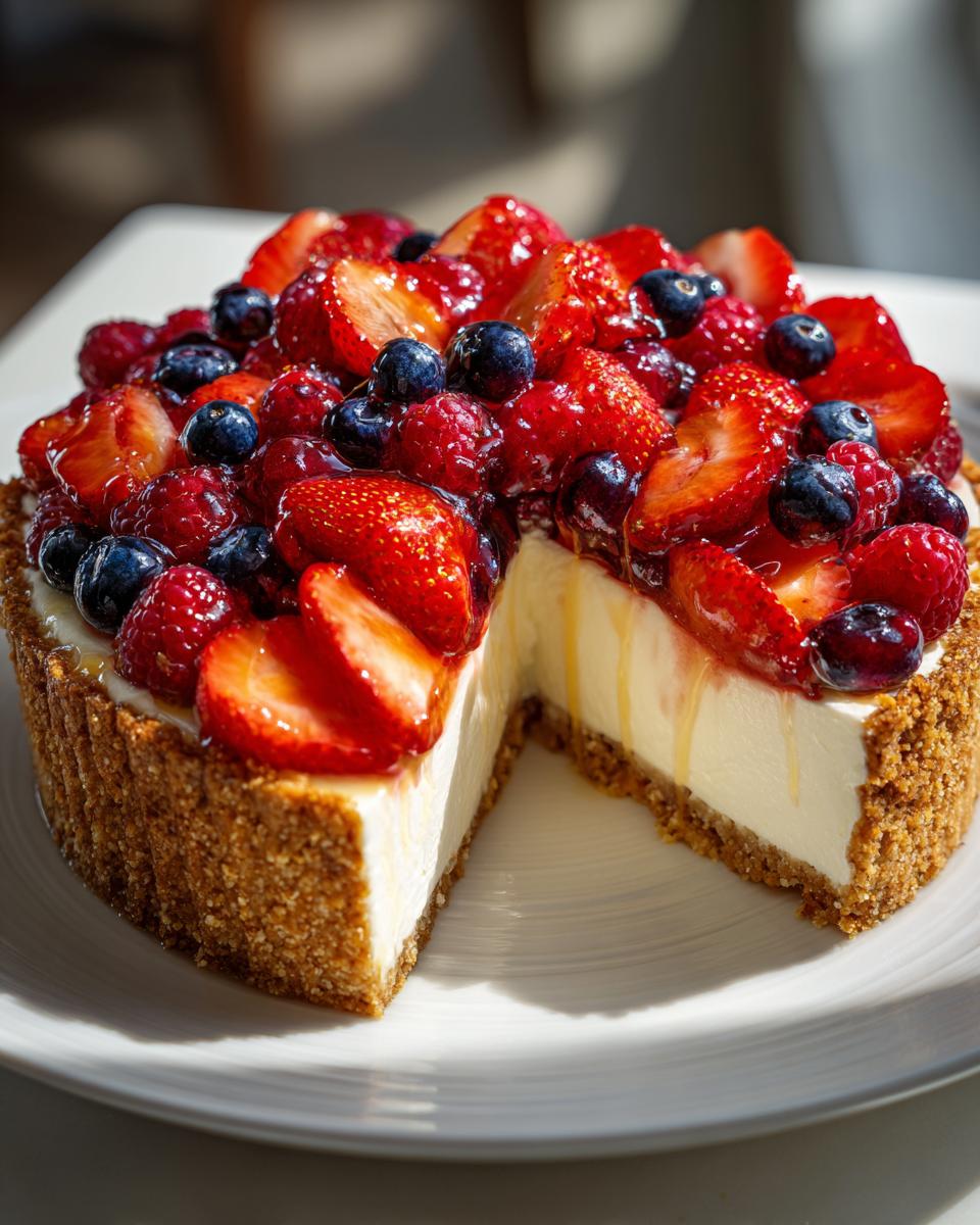 A slice removed from an easy berry fruit tart, showcasing a creamy filling and a biscuit base topped with fresh strawberries, blueberries, and raspberries.