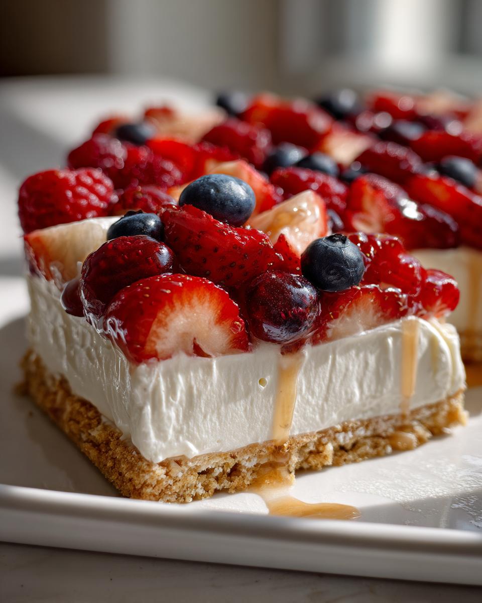 A close-up of a slice of easy berry fruit tart, featuring a creamy white filling topped with fresh strawberries, blueberries, and raspberries, drizzled with syrup.