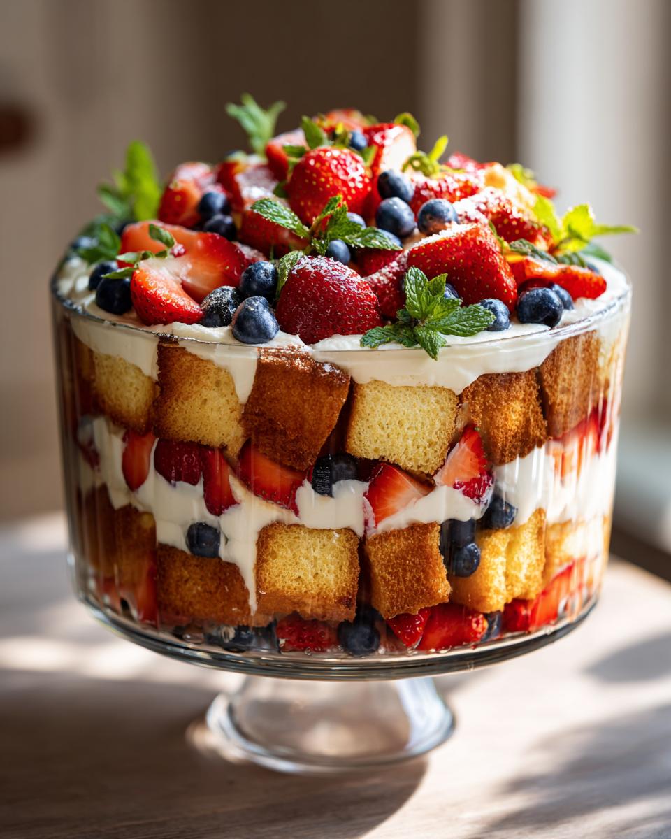 A beautiful Easy Berry Trifle Recipe With Angel Food Cake in a glass bowl, layered with cake, cream, strawberries, and blueberries.