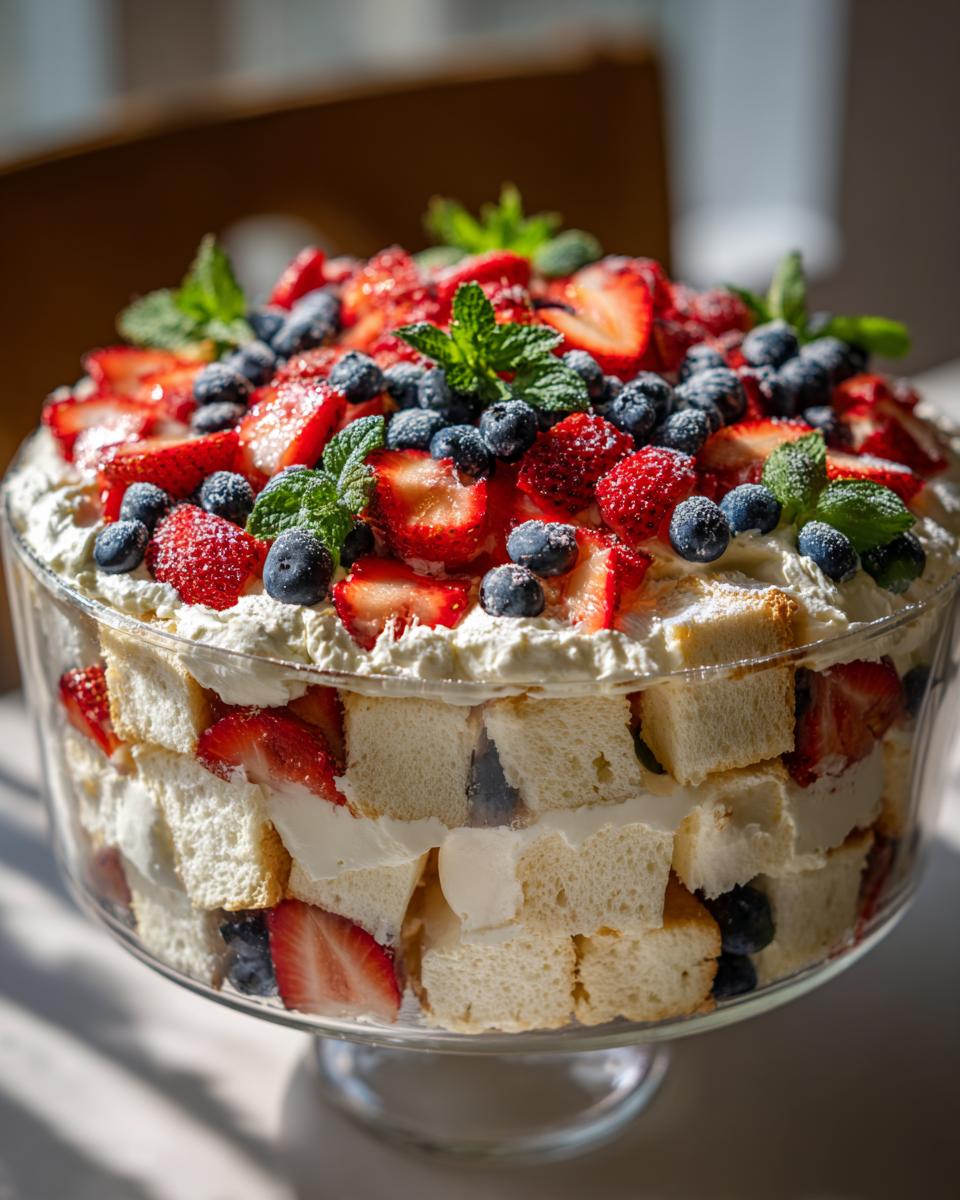 A beautiful Easy Berry Trifle Recipe With Angel Food Cake in a glass bowl, layered with angel food cake, whipped cream, strawberries, and blueberries.