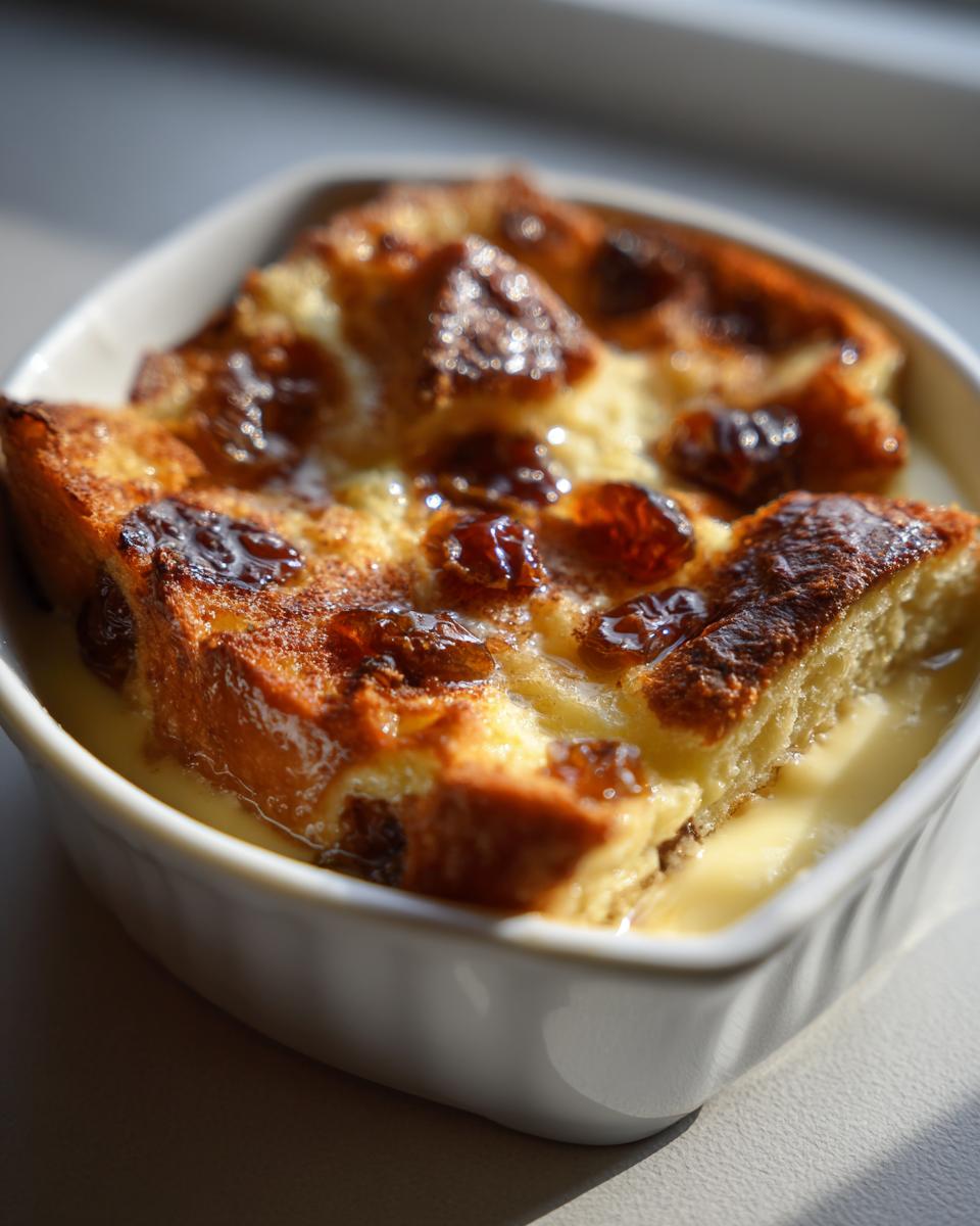 A close-up of a portion of easy bread and butter pudding in a white ramekin, topped with raisins and custard.