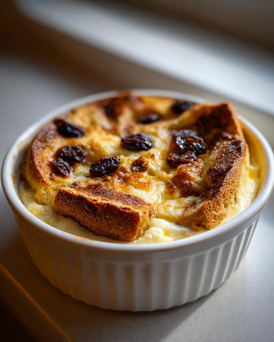 Close-up of an easy bread and butter pudding in a white ramekin, topped with raisins and golden-brown crust.