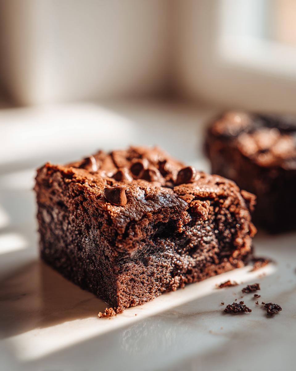 A close-up of a rich, dark chocolate brownie with a cakey texture, topped with chocolate chips.