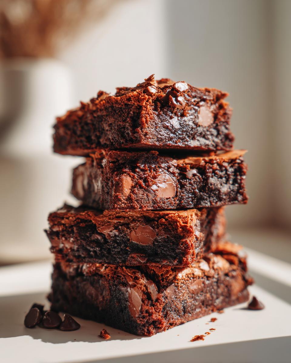 A stack of four delicious easy cakey brownies, loaded with chocolate chips and topped with chocolate shavings.