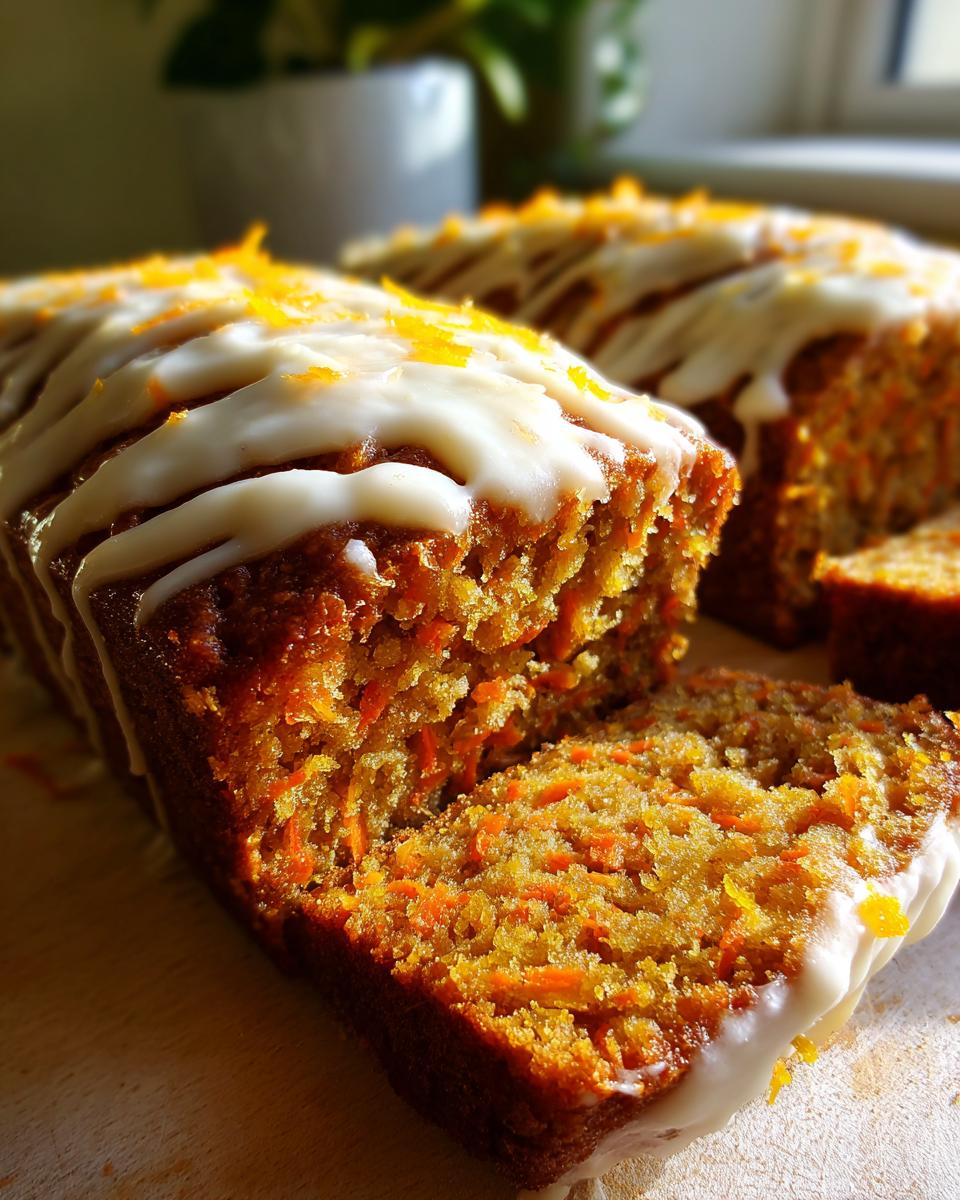 Close-up of a slice of easy carrot cake loaf, drizzled with white icing and topped with orange zest.