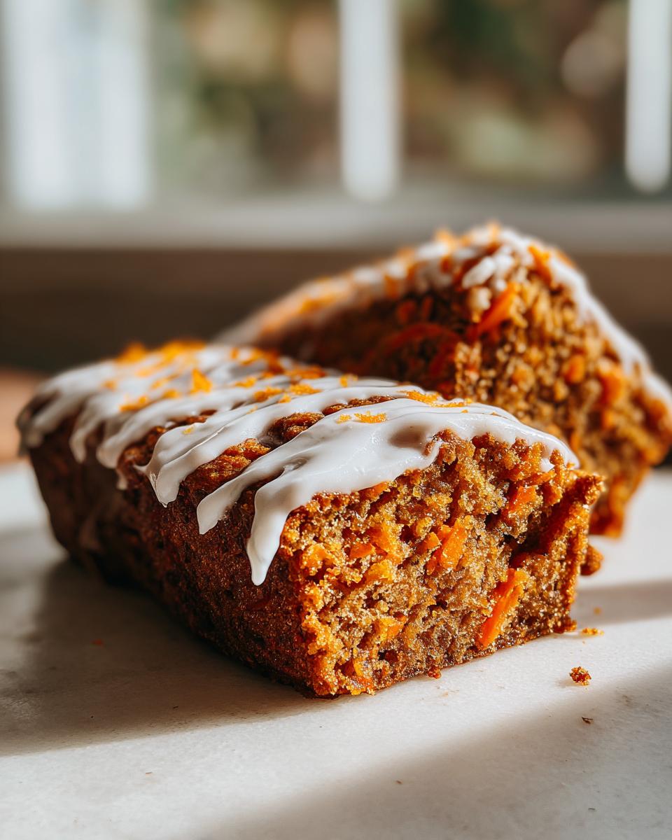 Close-up of a slice of easy carrot cake loaf, drizzled with white frosting and orange zest.